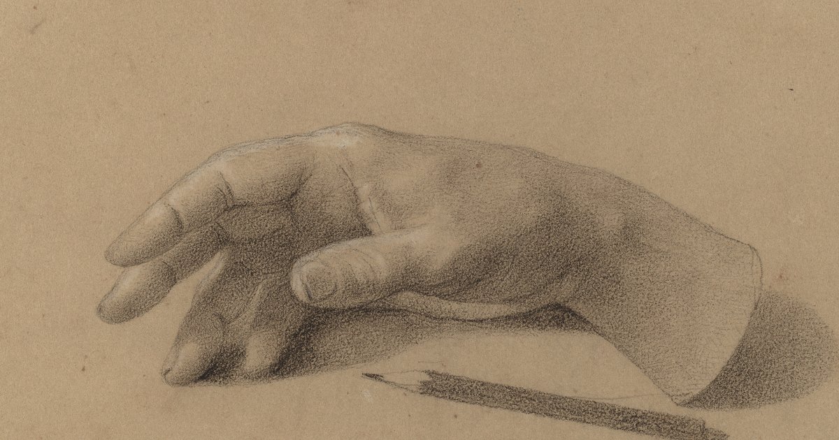 Charcoal drawing of a relaxed hand and wrist resting beside a pencil, by Hiram Powers, 1856.