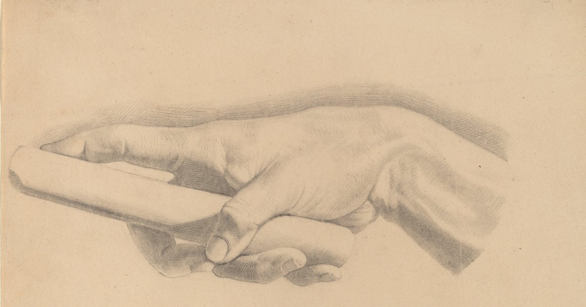 Pencil drawing of a hand with the fingers bent around a rolled paper, by Horatio Greenough.